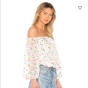 Lovers + Friends "Oh Girl" Off the Shoulder Rainbow Polka Dot Blouse Top- Medium